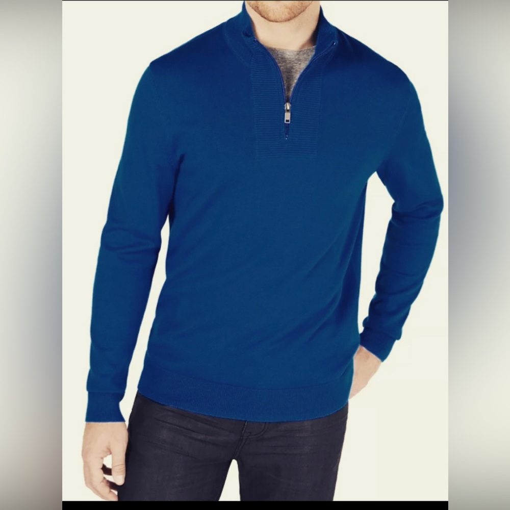 Alfani Men’s Sweater Navy Blue Pullover Quarter-Zip Solid